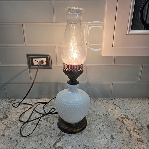 Fenton Other - Vintage Hobnail Milk‎ Glass Hurricane Lamp White Electric Tabletop Light